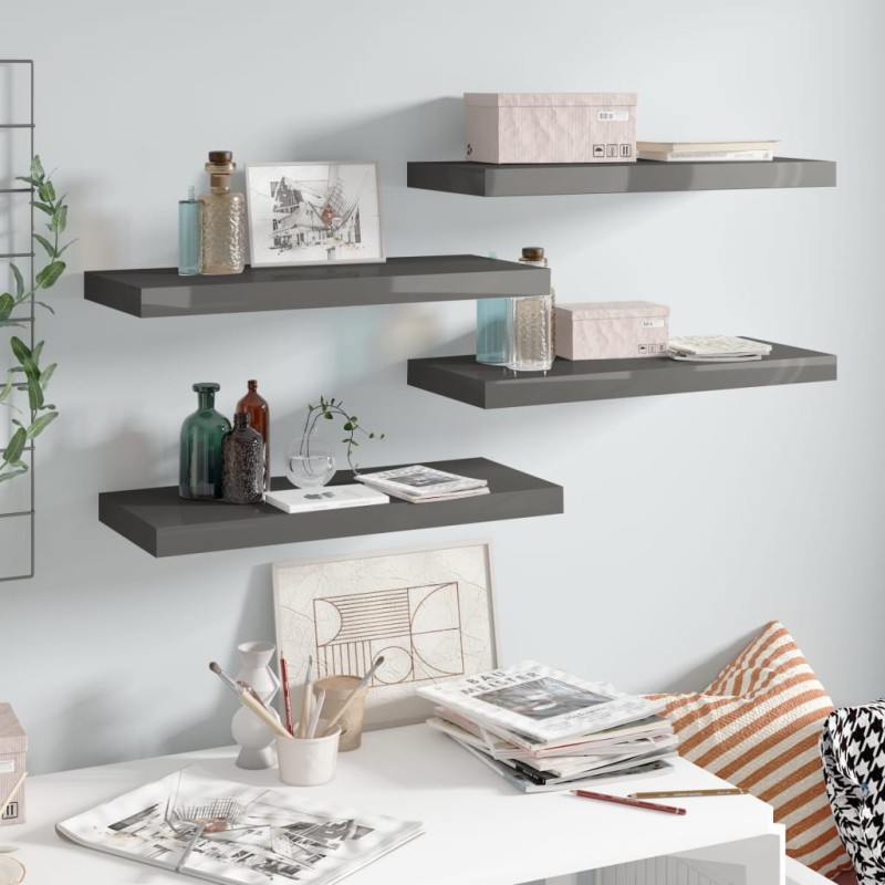 vidaXL Estantes flotante de pared 4 uds MDF gris brillo 60x23,5x3,8 cm vidaXL Estantes flotante de pared 4 uds MDF gris brillo 60x23,5x3,8 cm