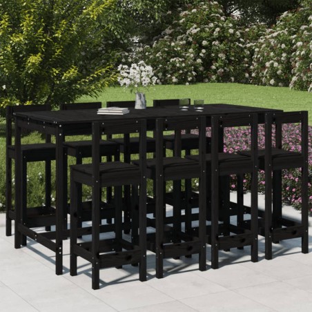 vidaXL Mesa y taburetes altos jardín 9 pzas madera maciza pino negro