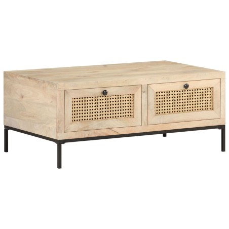 vidaXL Mesa de centro madera maciza mango y caña natural 90x50x37 cm
