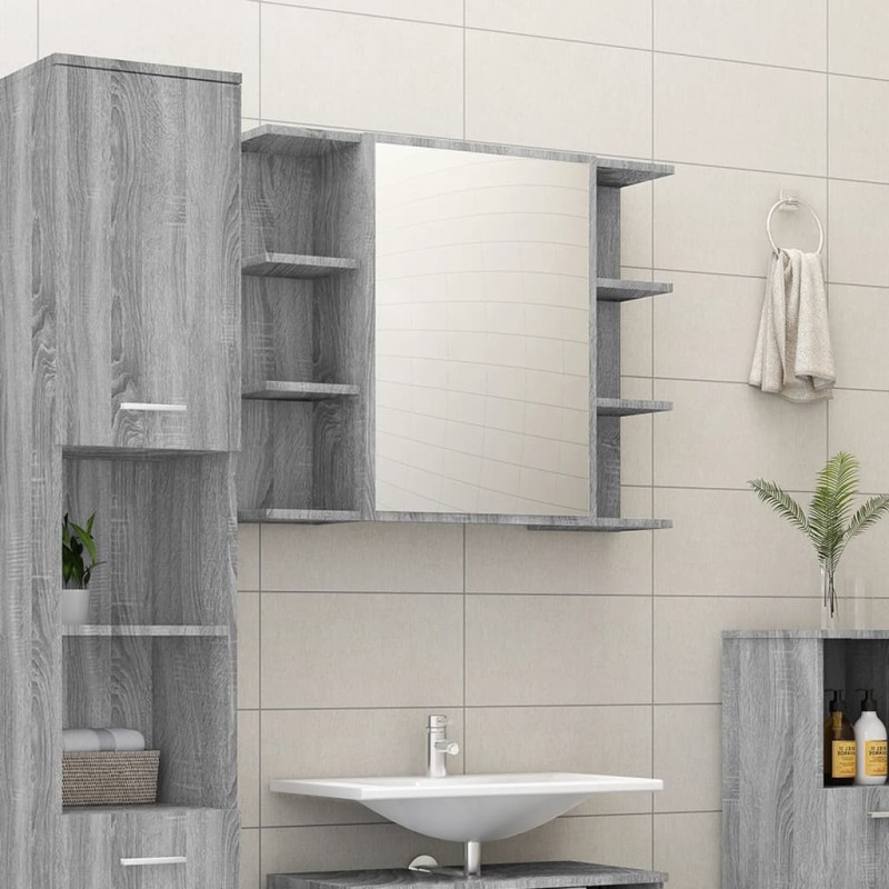 vidaXL Armario de espejo baño contrachapada gris Sonoma 80x20,5x64 cm vidaXL Armario de espejo baño contrachapada gris Sonoma 80x20,5x64 cm