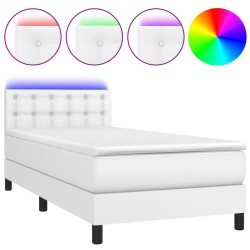 vidaXL Cama box spring colchón y LED cuero sintético blanco 100x200 cm