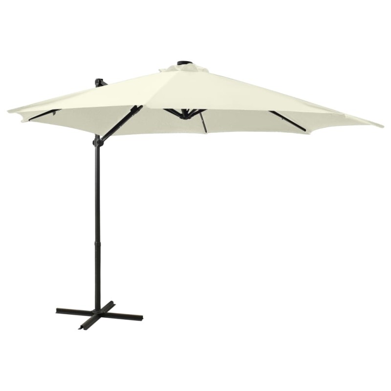 vidaXL Sombrilla voladiza con poste y luces LED arena 300 cm vidaXL Sombrilla voladiza con poste y luces LED arena 300 cm