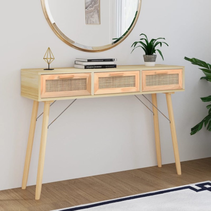 vidaXL Mesa consola madera pino maciza ratán natural 105x30x75 cm vidaXL Mesa consola madera pino maciza ratán natural 105x30x75 cm
