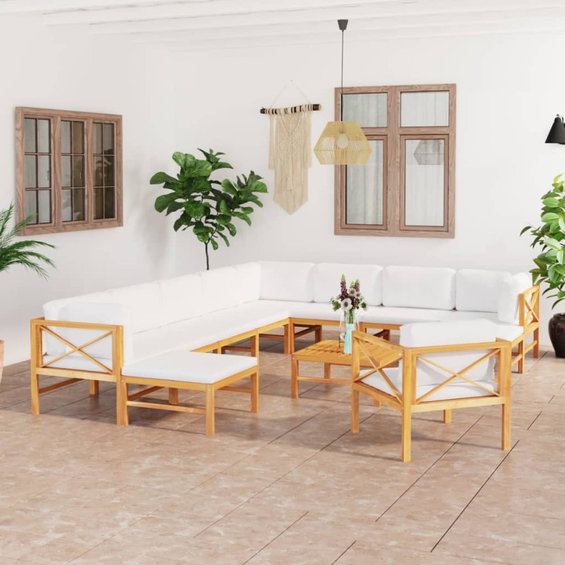 vidaXL Set de muebles de jardín 12 pzas madera de teca y cojines crema vidaXL Set de muebles de jardín 12 pzas madera de teca y cojines crema