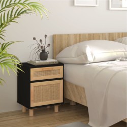 vidaXL Mesita de noche madera maciza pino negra y ratán natural