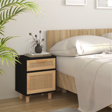 vidaXL Mesita de noche madera maciza pino negra y ratán natural