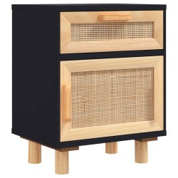 vidaXL Mesita de noche madera maciza pino negra y ratán natural
