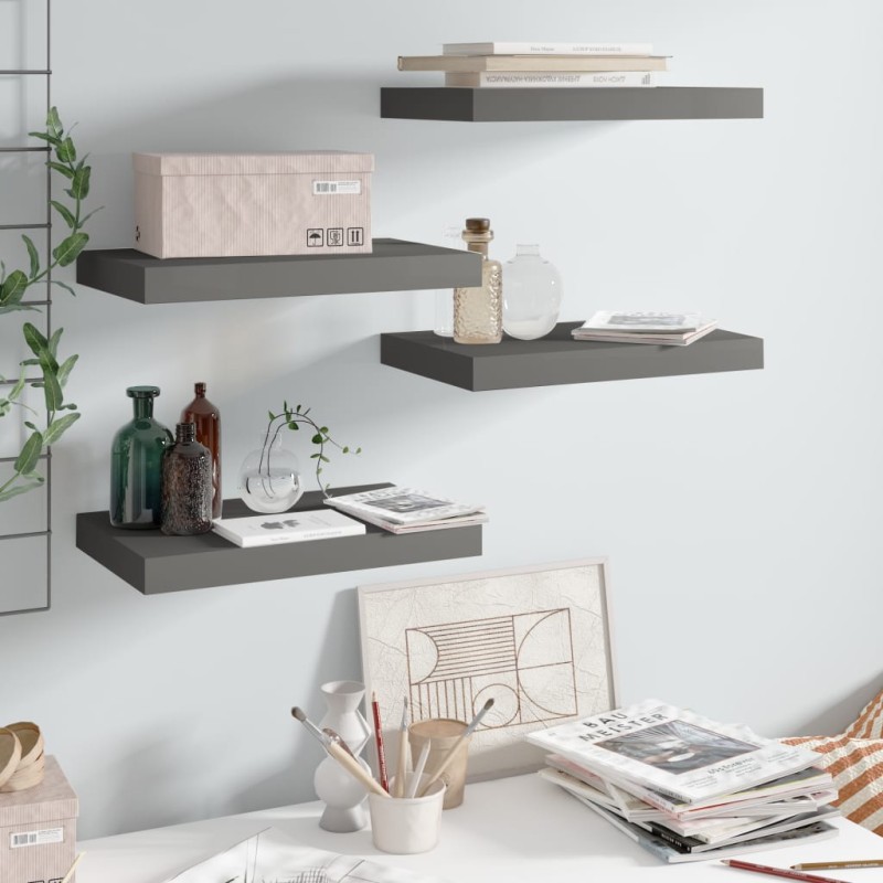 vidaXL Estantes flotantes de pared 4 uds MDF gris brillo 40x23x3,8 cm vidaXL Estantes flotantes de pared 4 uds MDF gris brillo 40x23x3,8 cm