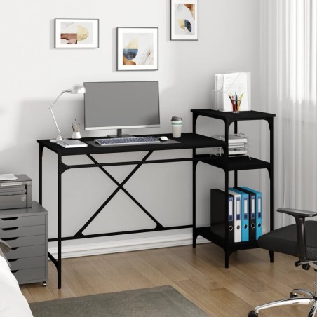 vidaXL Escritorio con estantes hierro y madera negro 135x50x90 cm