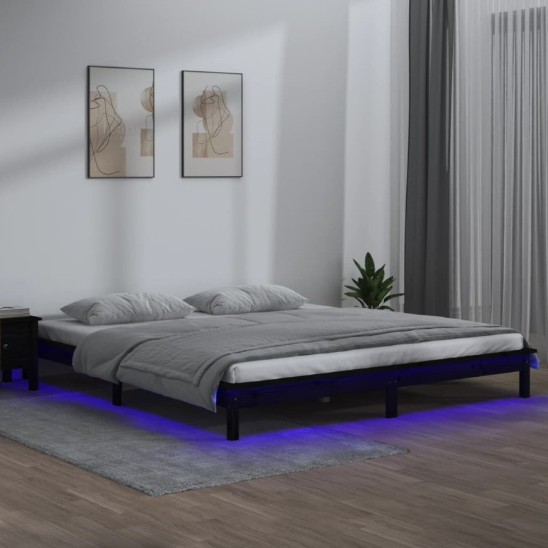 vidaXL Estructura de cama con LED madera maciza negra 200x200 cm