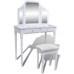 vidaXL Tocador con espejo 3 en 1 taburete y 2 cajones blanco  