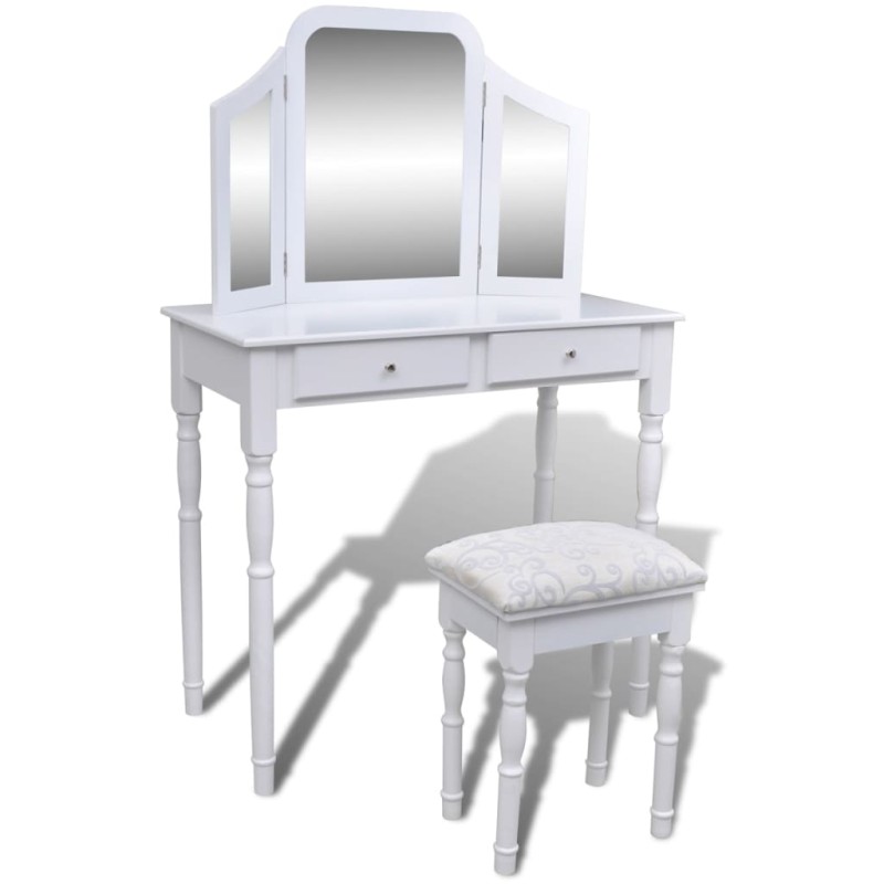 vidaXL Tocador con espejo 3 en 1 taburete y 2 cajones blanco vidaXL Tocador con espejo 3 en 1 taburete y 2 cajones blanco