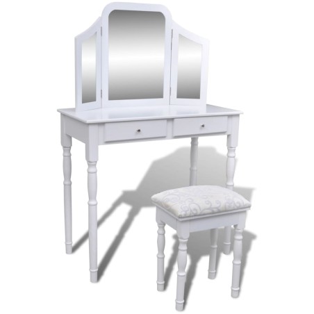 vidaXL Tocador con espejo 3 en 1 taburete y 2 cajones blanco  