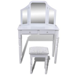 vidaXL Tocador con espejo 3 en 1 taburete y 2 cajones blanco  