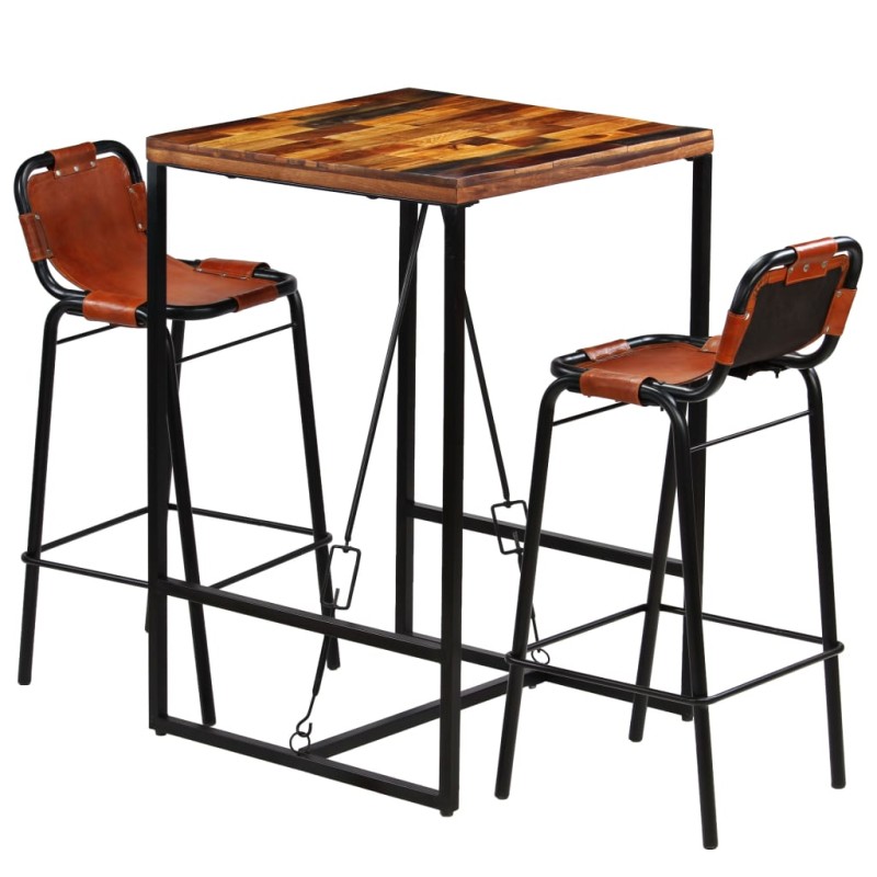 vidaXL Set muebles bar 3 piezas madera maciza reciclada y cuero cabra 