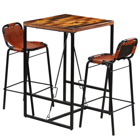 vidaXL Set muebles bar 3 piezas madera maciza reciclada y cuero cabra 