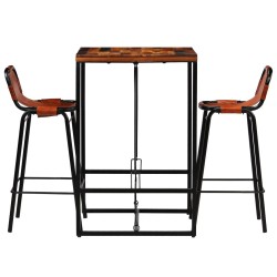 vidaXL Set muebles bar 3 piezas madera maciza reciclada y cuero cabra 