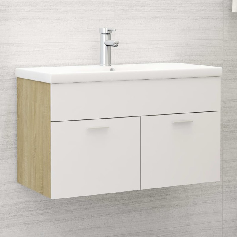 vidaXL Mueble con lavabo madera de ingeniería blanco y roble Sonoma vidaXL Mueble con lavabo madera de ingeniería blanco y roble Sonoma