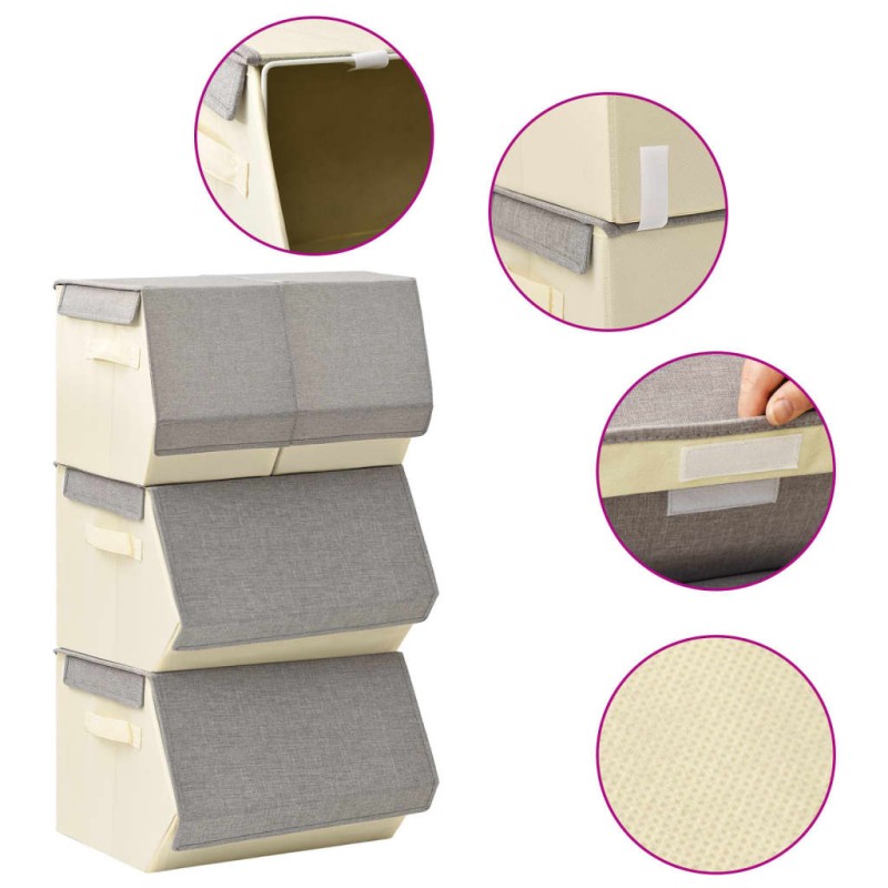 vidaXL Juego de cajas de almacenaje apilables 4 uds tela gris y crema vidaXL Juego de cajas de almacenaje apilables 4 uds tela gris y crema