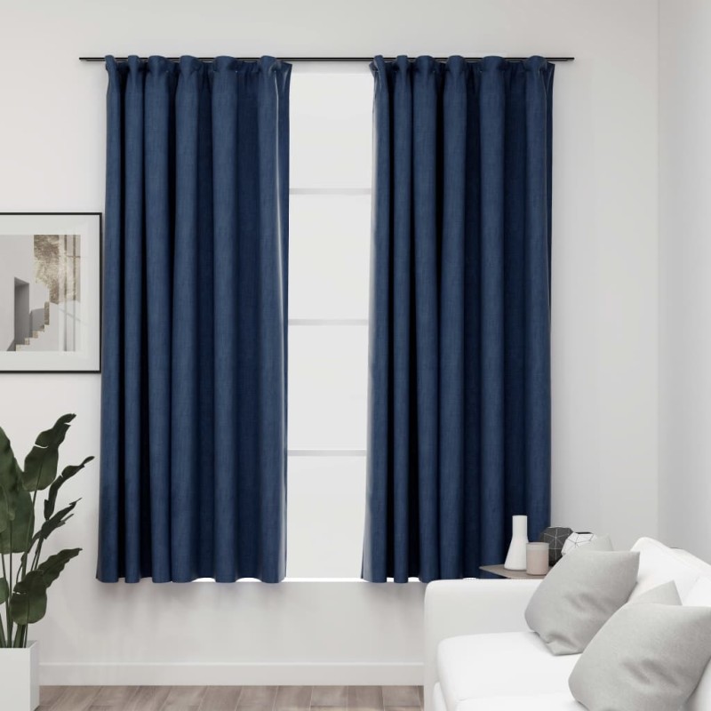 vidaXL Cortinas opacas con ganchos look de lino 2 pzas azul 140x175 cm vidaXL Cortinas opacas con ganchos look de lino 2 pzas azul 140x175 cm