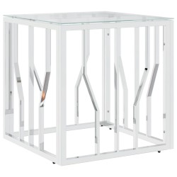 vidaXL Mesa de centro acero inoxidable y vidrio plateada 50x50x50 cm