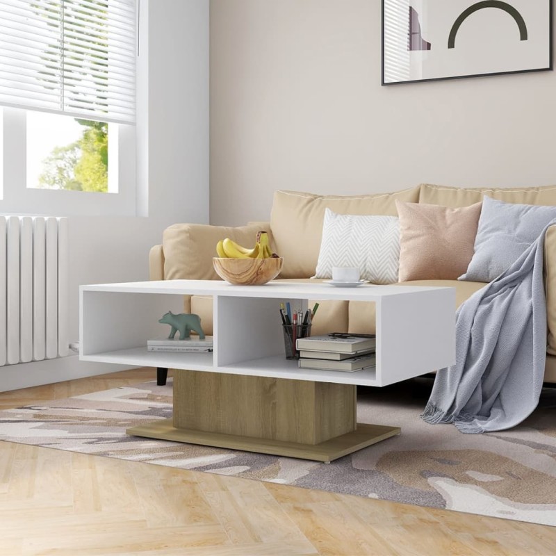 vidaXL Mesa de centro contrachapada blanco y roble 103,5x50x44,5 cm vidaXL Mesa de centro contrachapada blanco y roble 103,5x50x44,5 cm