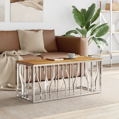 vidaXL Mesa de centro acero inoxidable y madera maciza acacia plateada