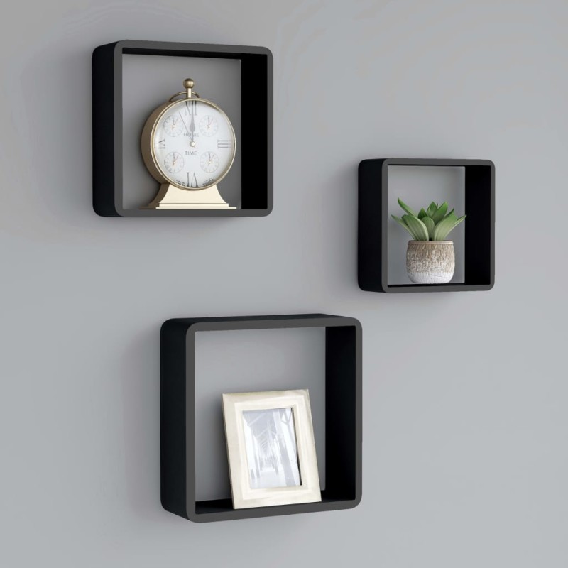 vidaXL Estantes cubo de pared 3 unidades MDF negro vidaXL Estantes cubo de pared 3 unidades MDF negro