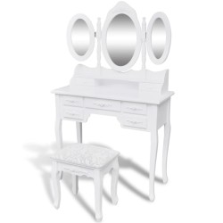 vidaXL Tocador con taburete y 3 espejos blanco 