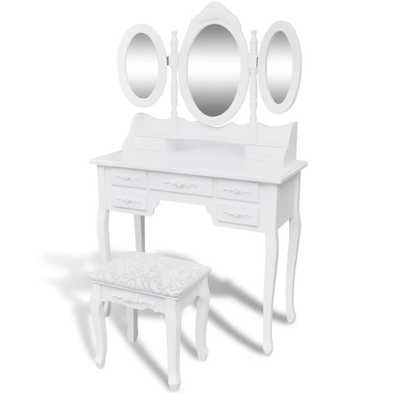 vidaXL Tocador con taburete y 3 espejos blanco vidaXL Tocador con taburete y 3 espejos blanco