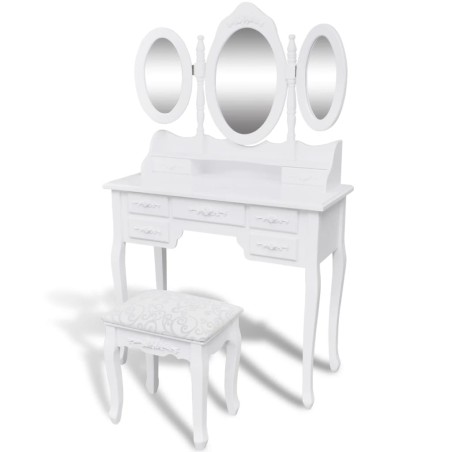 vidaXL Tocador con taburete y 3 espejos blanco 