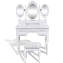 vidaXL Tocador con taburete y 3 espejos blanco 