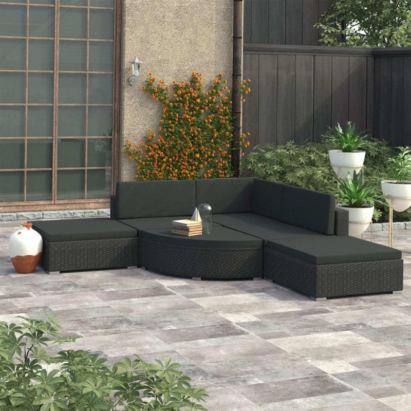 vidaXL Set muebles de jardín 6 piezas y cojines ratán sintético negro vidaXL Set muebles de jardín 6 piezas y cojines ratán sintético negro