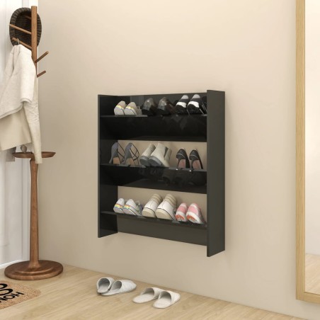 vidaXL Zapatero de pared madera contrachapada negro brillo 80x18x90 cm