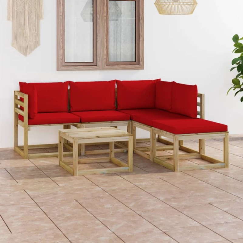 vidaXL Juego de muebles de jardín 6 piezas con cojines rojos vidaXL Juego de muebles de jardín 6 piezas con cojines rojos