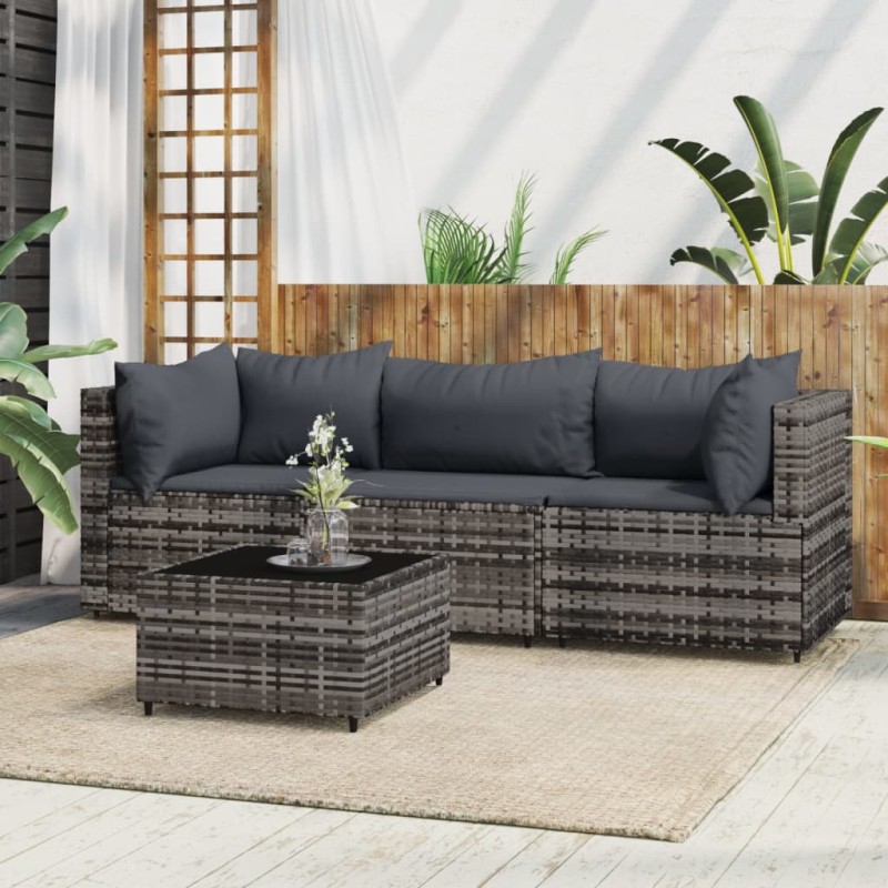 vidaXL Set de muebles de jardín 4 pzas y cojines ratán sintético gris vidaXL Set de muebles de jardín 4 pzas y cojines ratán sintético gris