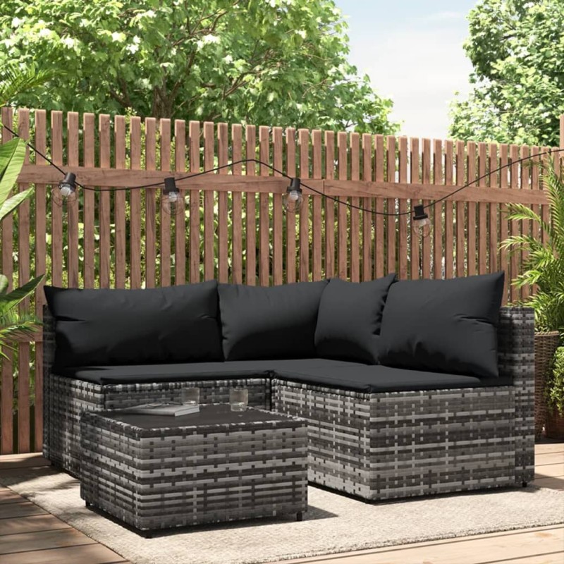 vidaXL Set de muebles de jardín 4 pzas y cojines ratán sintético gris vidaXL Set de muebles de jardín 4 pzas y cojines ratán sintético gris