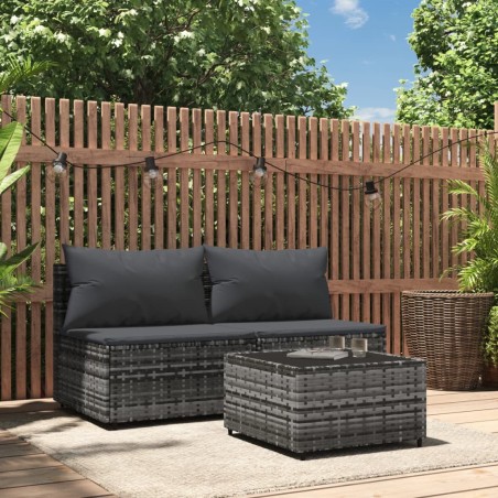 vidaXL Set de muebles de jardín 3 pzas y cojines ratán sintético gris