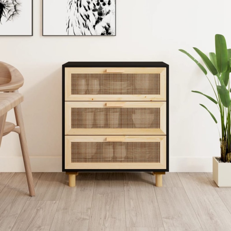 vidaXL Aparador negro madera pino maciza y ratán natural 60x30x70 cm vidaXL Aparador negro madera pino maciza y ratán natural 60x30x70 cm