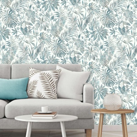 DUTCH WALLCOVERINGS Papel pintado hojas y tucán azul