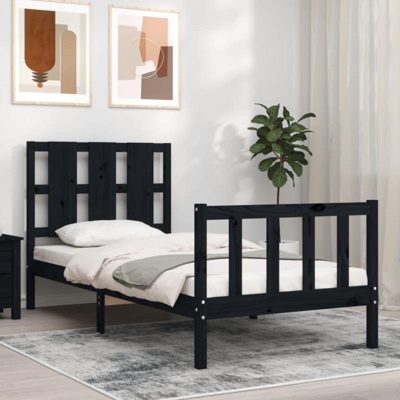 vidaXL Estructura de cama con cabecero madera maciza negro 90x190 cm vidaXL Estructura de cama con cabecero madera maciza negro 90x190 cm