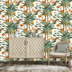 DUTCH WALLCOVERINGS Papel pintado palmeras tropicales verde y naranja