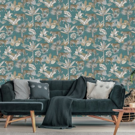 DUTCH WALLCOVERINGS Papel de pared leopardo azul y beige