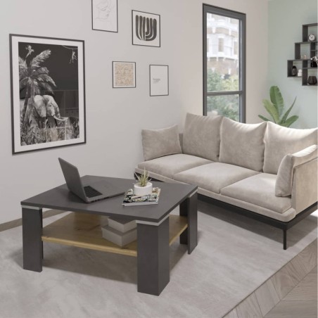 FMD Mesita de noche con estante gris Matera y roble artesanal
