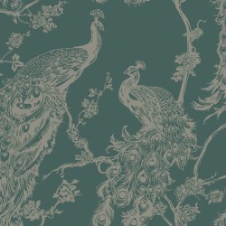 DUTCH WALLCOVERINGS Papel pintado pavo real verde y plateado