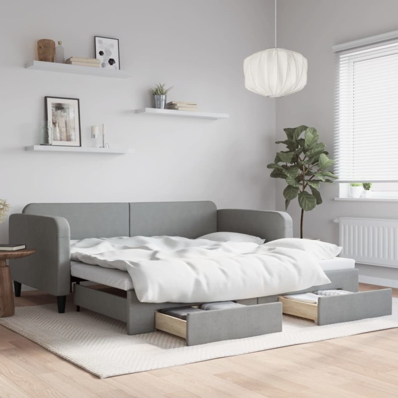 vidaXL Sofá cama nido con cajones tela gris claro 100x200 cm vidaXL Sofá cama nido con cajones tela gris claro 100x200 cm