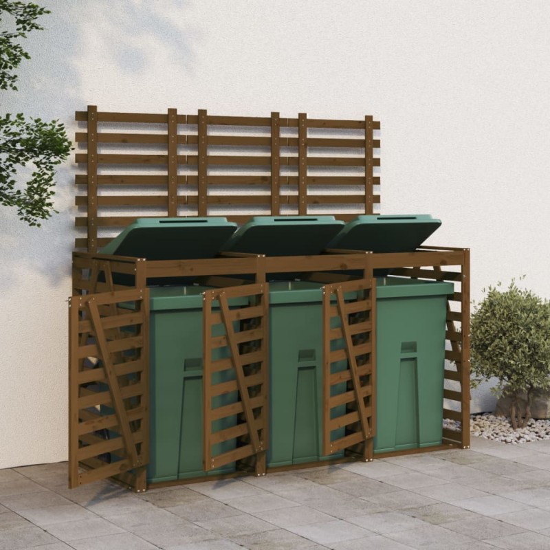 vidaXL Cobertizo triple para cubos de basura madera pino marrón miel vidaXL Cobertizo triple para cubos de basura madera pino marrón miel