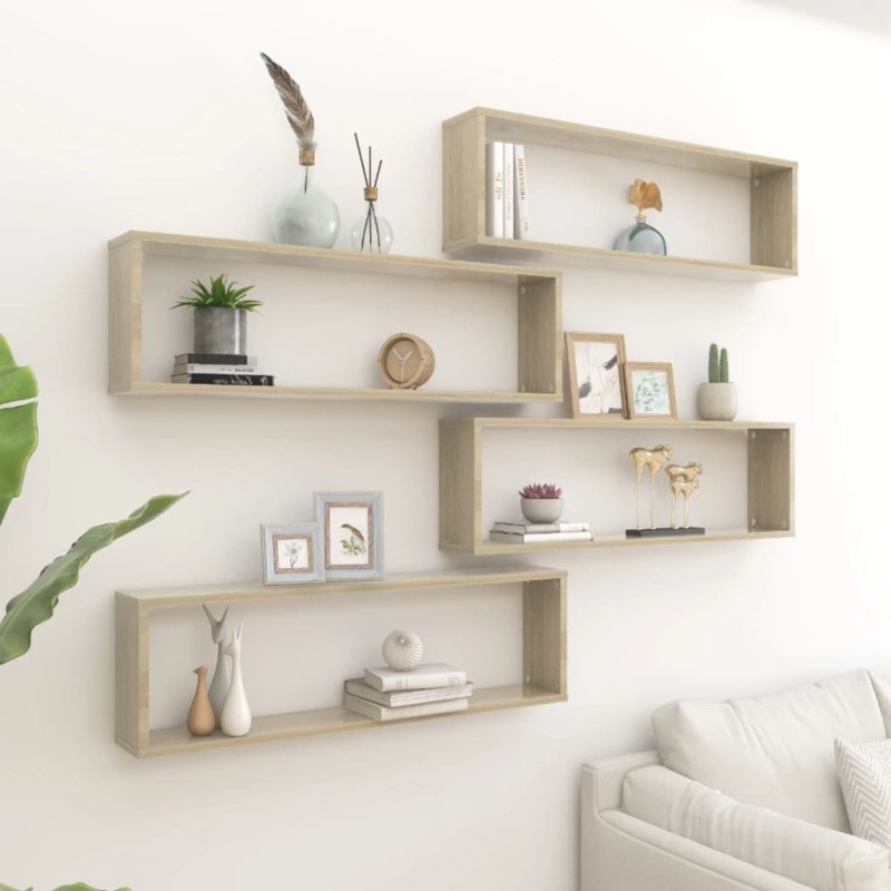 vidaXL Estantes cubo pared 4uds contrachapado roble Sonoma 100x15x30cm vidaXL Estantes cubo pared 4uds contrachapado roble Sonoma 100x15x30cm