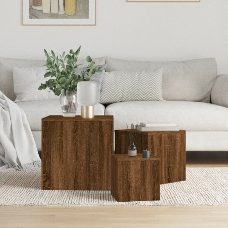 vidaXL Mesitas auxiliares 3 piezas madera contrachapada marrón roble