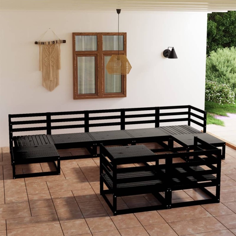 vidaXL Juego de muebles de jardín 10 pzas madera maciza de pino negro vidaXL Juego de muebles de jardín 10 pzas madera maciza de pino negro